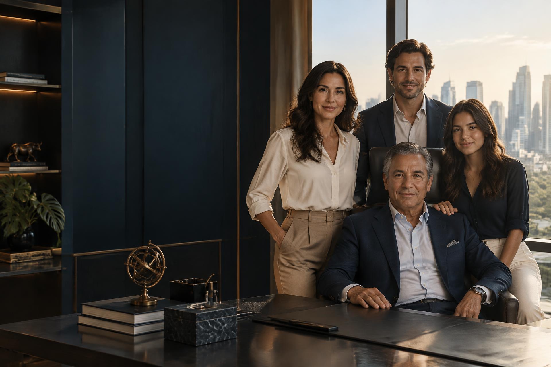 Família de empresários reunida em um escritório